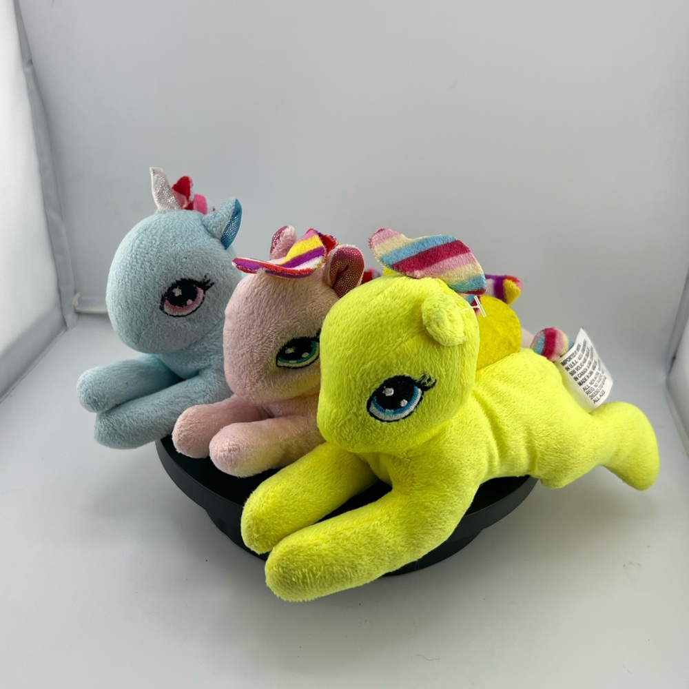 Lot of 3 Fuzzy Friends Yellow Pink Blue Unicorn Plush 8” Soft Greenbriar